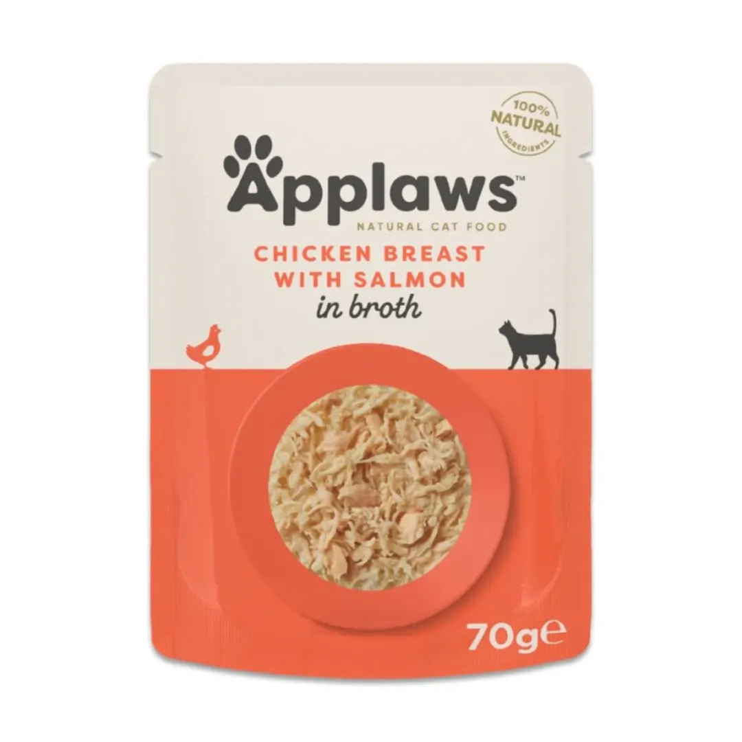 Applaws Hund & Katte mad Applaws Kattevådmad kylling og laks i bouillon 70 g pose