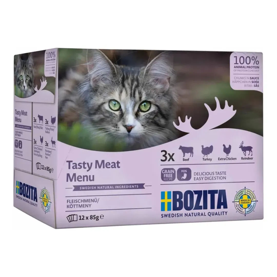 Bozita - Swedish natural quality Bozita Feline Kød i sovs 12 x 85 g - oksekød, kalkun, kylling og rensdyr