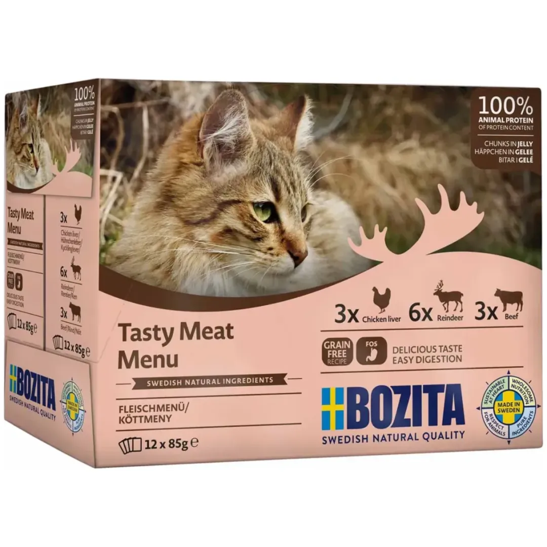 Bozita - Swedish natural quality Bozita Kød i gele 12 x 85 g - kyllingelever, rensdyr og oksekød
