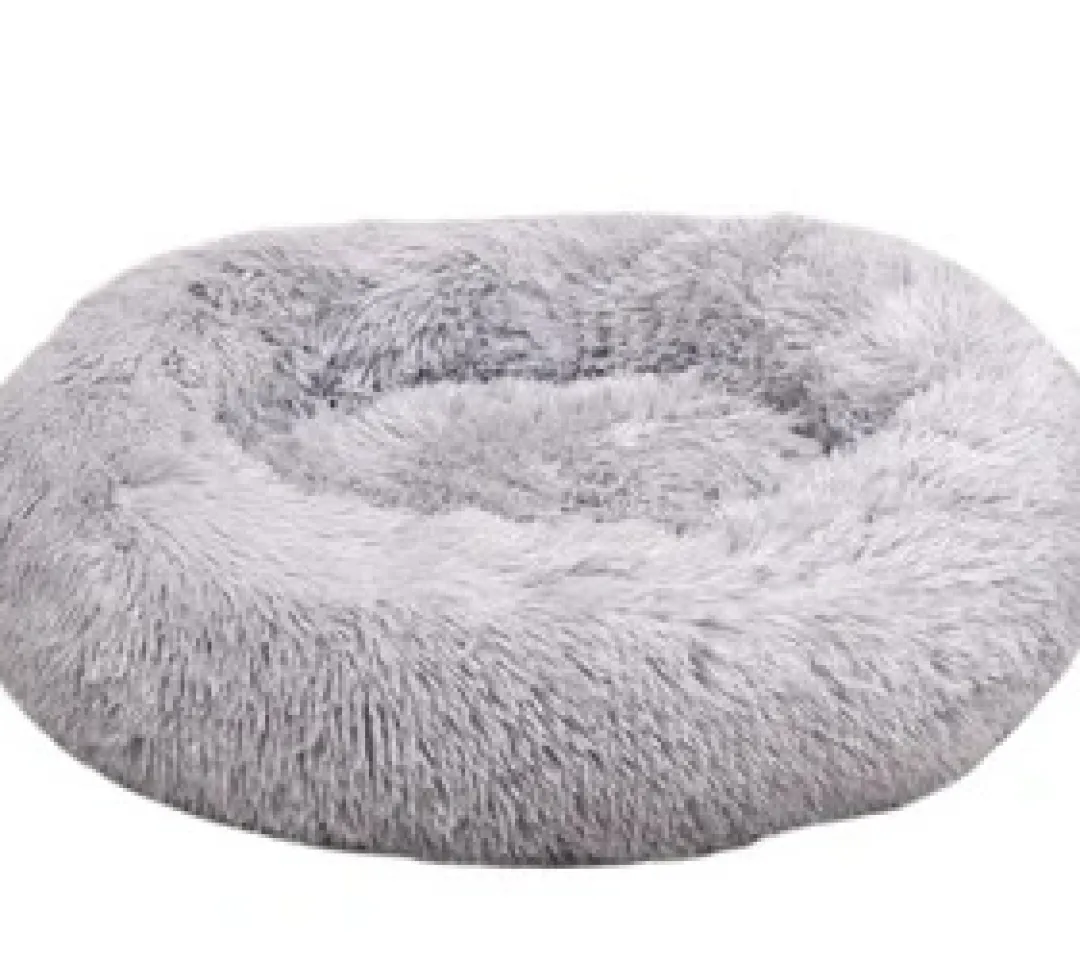 Flamingo Cushion Krems fluffy rund hundeseng small lysegrå