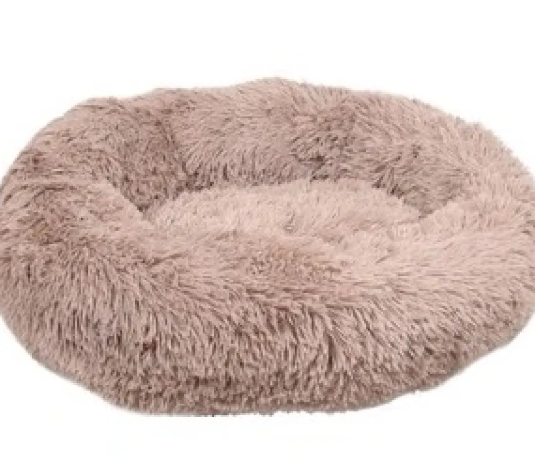 Flamingo Cushion Krems fluffy rund hundeseng small lysebrun