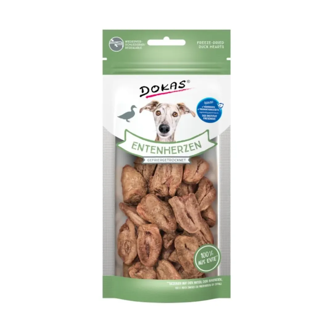 Dokas Premium Hunde og Kattesnacks Dokas Andehjerter 22 g - naturlige frysetørrede hundegodbidder