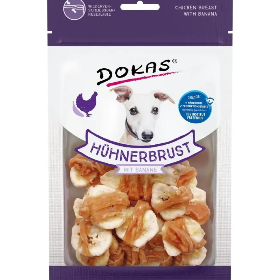 Dokas Premium Hunde og Kattesnacks Dokas Tørret kyllingebryst med banan 70 g - naturlige hundesnacks