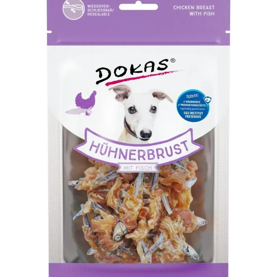 Dokas Premium Hunde og Kattesnacks Dokas Tørret kyllingebryst med fisk 70 g - sunde hundesnacks