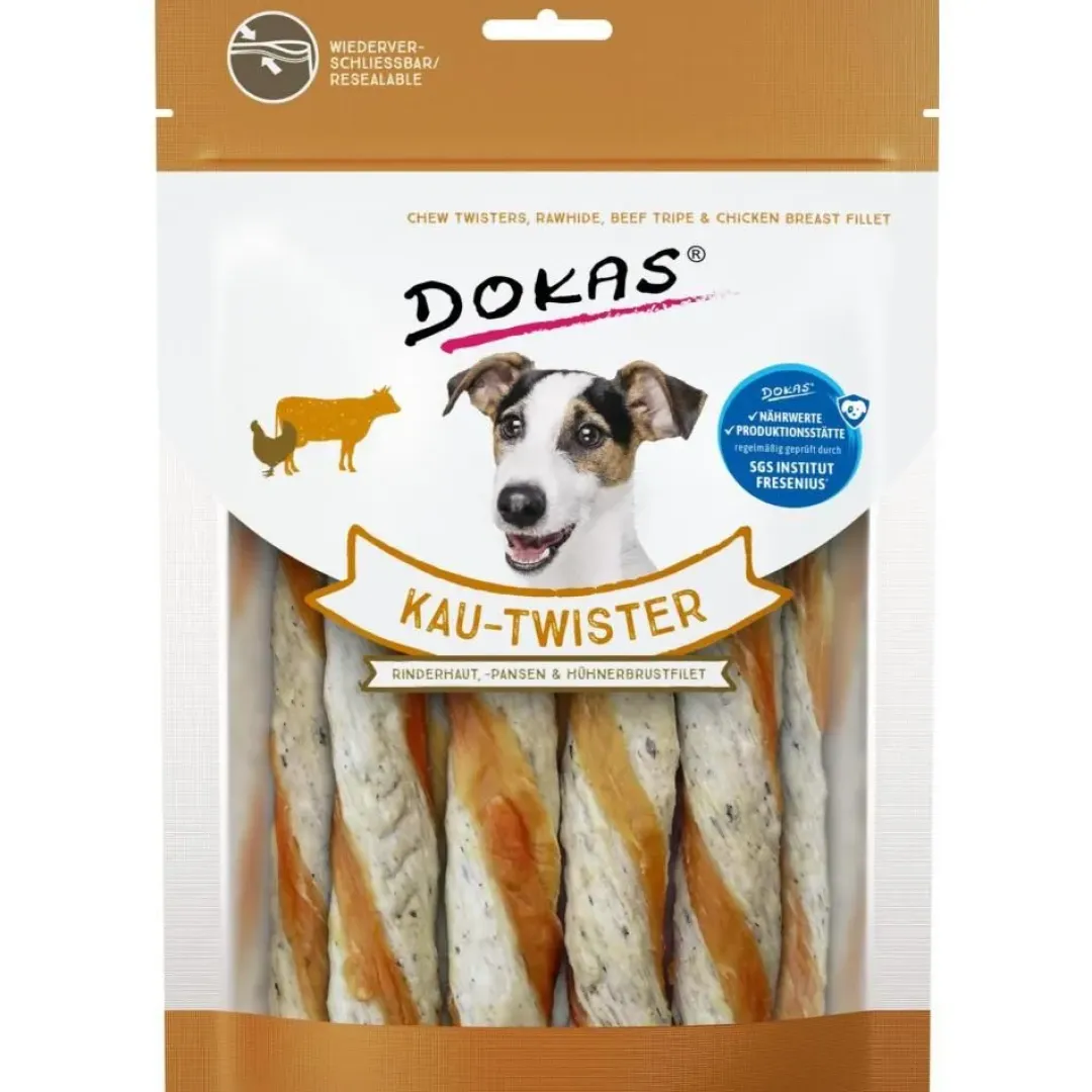 Dokas Premium Hunde og Kattesnacks Dokas Tyggetwister ko, kallun og kylling 200 g - snoede tyggepinde