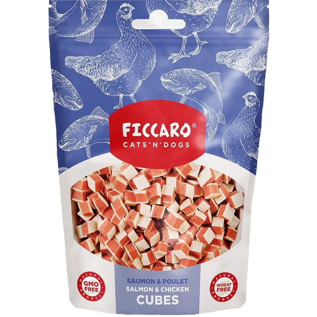 Ficcaro Katte og Hundesnack FICCARO Hundesnack Kylling og laks i tern 100 g - naturlige hundesnacks