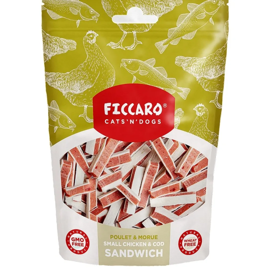 Ficcaro Katte og Hundesnack FICCARO Hundesnack Kylling & Torsk Sandwich Small - små sandwichstykker 100 g