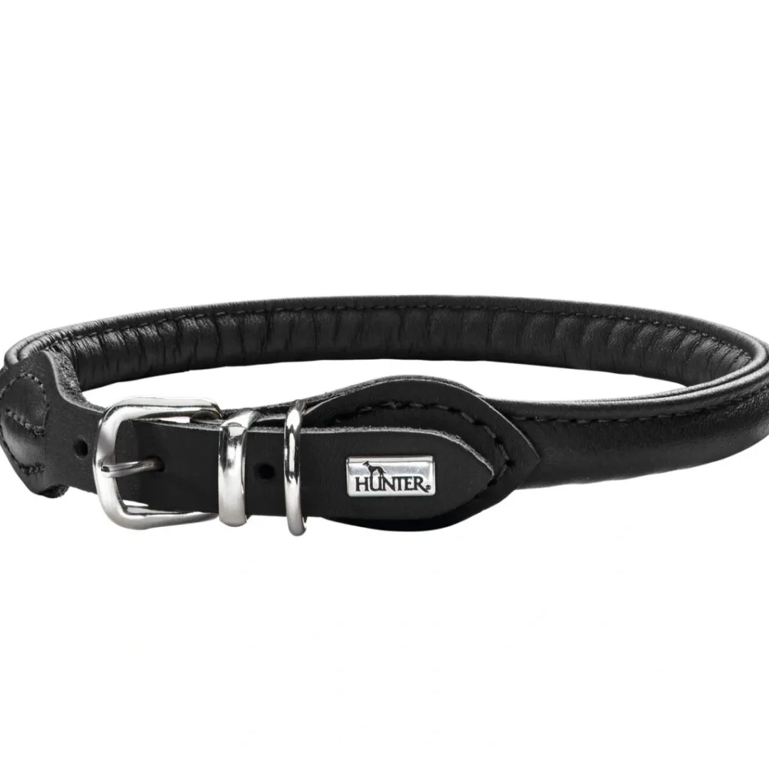 Hunter rundsyet hundehalsbånd okselæder 45/8 sort 45 cm - justering 38-42 cm