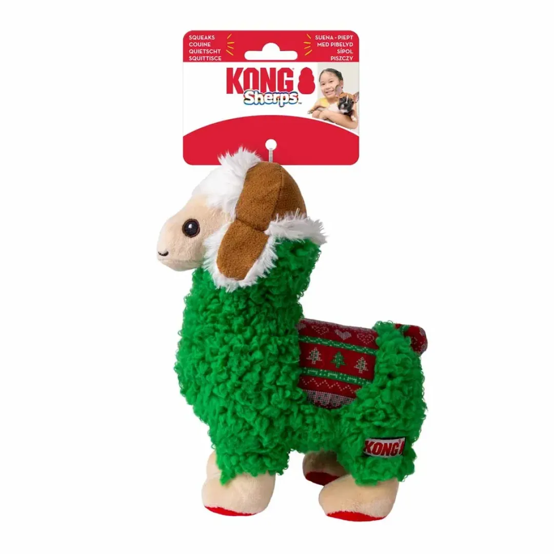 Kong Sherps Llama (M) - blød plys-lama-legetøj til hunde med pivelyd og slidstærk konstruktion.