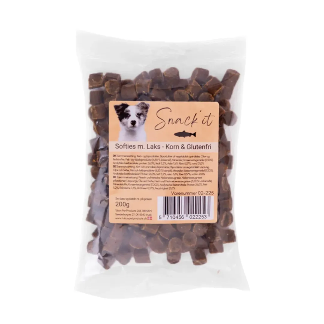 Snackit Kvalitetssnacks til hunde Softies med laks hundesnacks 200 g - Blød belønning med fiskesmag
