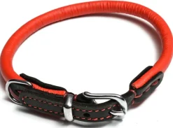MiniZoo Timely halsbånd i rundsyet læder rødsort 35 cm - blød komfort til små og mellemstore hunde