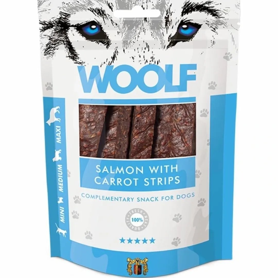 Woolf HundeSnacks og Kattesnack Woolf Hunde- og Kattesnack Laks med Gulerod Strimler