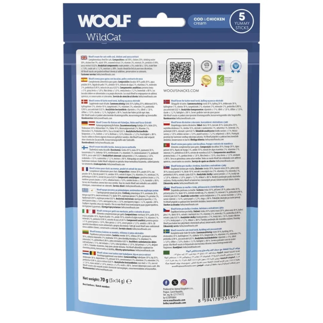 Woolf HundeSnacks og Kattesnack Woolf Wildcat Cream 5 stk - Cremede godbidder med torsk og kylling til katte