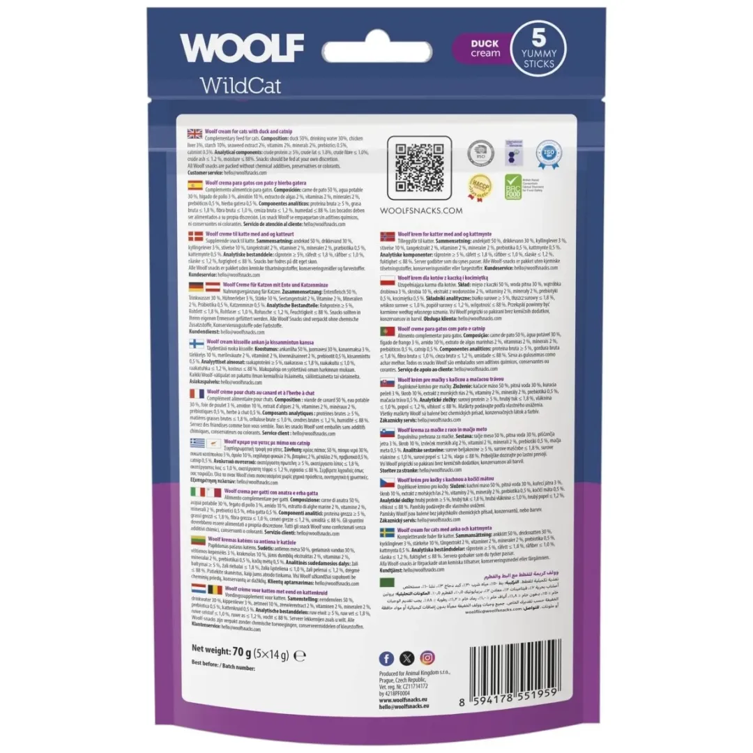 Woolf HundeSnacks og Kattesnack Woolf Wildcat Cream 5 stk - Cremet kattegodbid med and og catnip